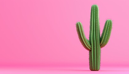 Vibrant Funky Green Cactus On Pink: Laid-Back Mexican Desert Plant In A Contemporary Summer Pop Art...