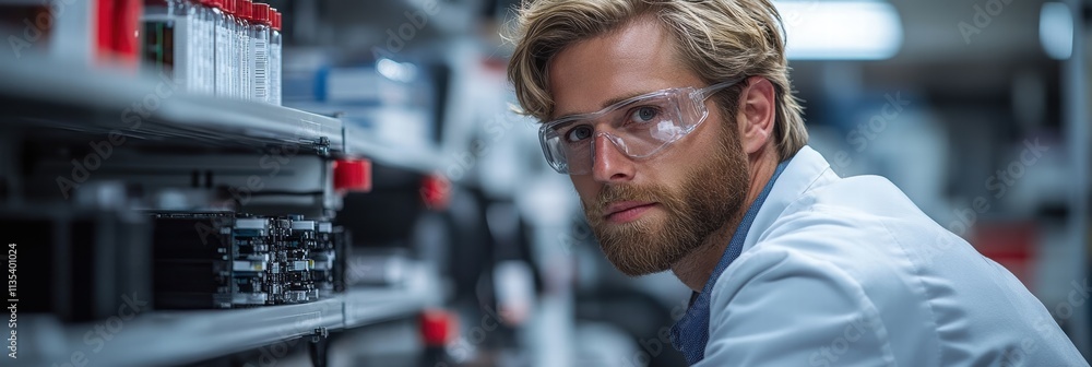 Poster engineer working in a laboratory with computer equipment and research materials