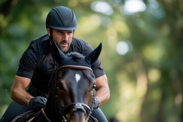 A determined rider in stylish attire navigating a horse through a lush forest trail, showcasing the bond between rider and mount in a tranquil natural setting.