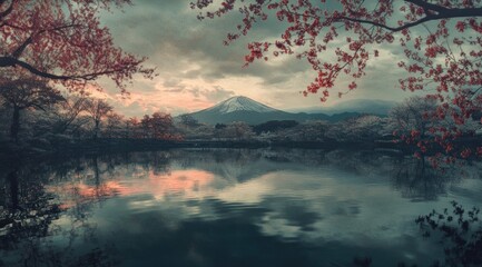 Serene mountain lake reflection at sunset, framed by blooming trees.