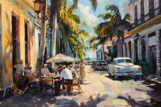 Tea party in Cuba on the street, Cubans in linen clothes, Caribbean palm trees and vintage cars, picturesque composition, bright sunlight