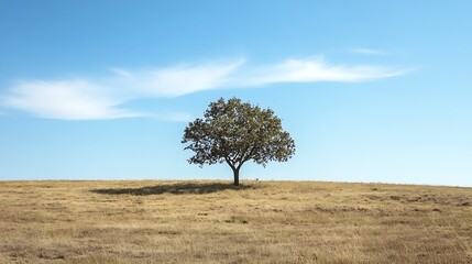 Lonely tree on a vast field under a clear sky. Concept of solitude, nature, and tranquility.