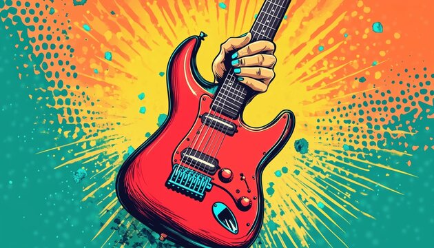 Template For Printing Leaflets For A Rock Festival Invitation Featuring A Hand Holding A Red Electric Guitar. Includes Badge Format For Music Festival Flyers.