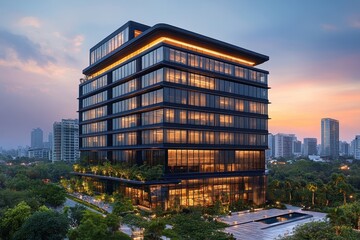 Obraz premium Elegant office tower design showcasing black concrete and glass features at night