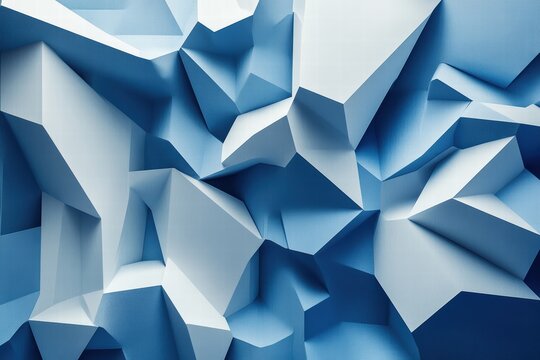 Geometric abstractions in tranquil shades of blue and white creating dynamic three-dimensional forms