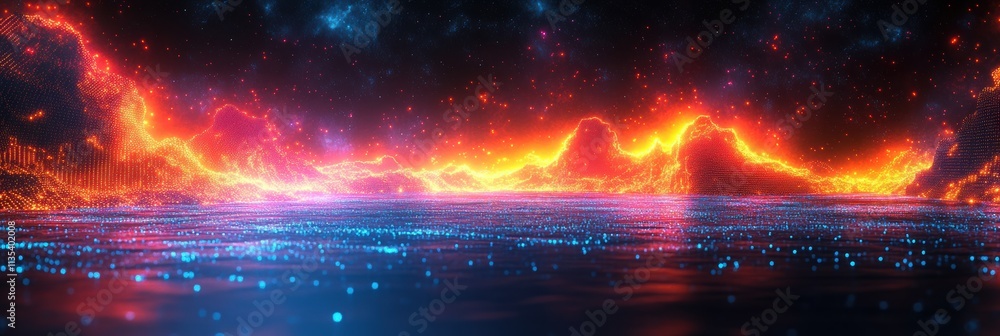 Poster graphic grid with vibrant neon lines creating a dynamic visual effect on a dark backdrop