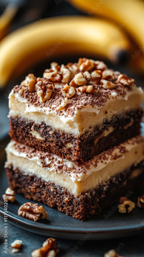 Aufkleber stack of brownies with a layer of cream and walnuts on top. the brownies are cut into squares and ar