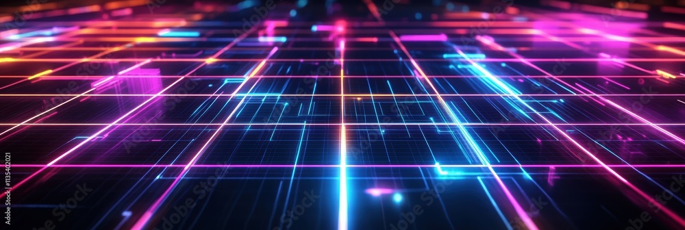 Poster dynamic graphic grid illuminated by neon lines against a dark backdrop