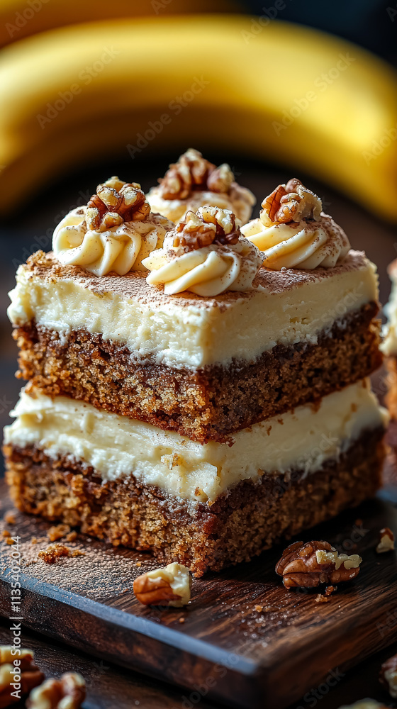Aufkleber stack of brownies with a layer of cream and walnuts on top. the brownies are cut into squares and ar