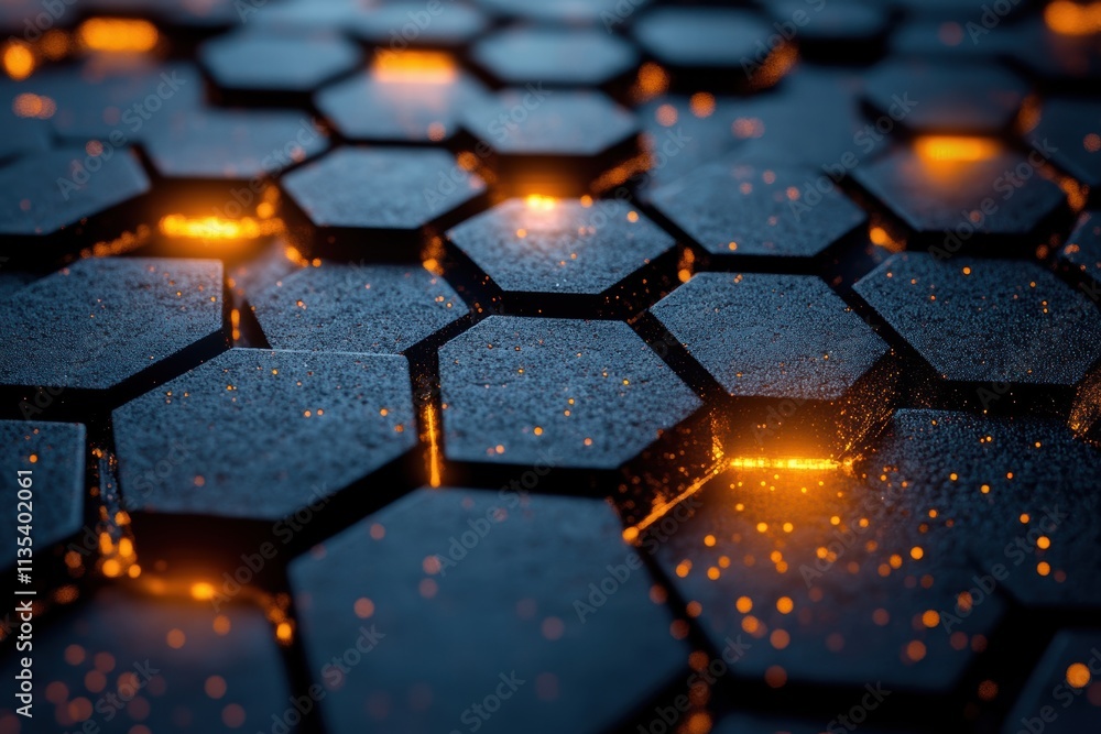 Poster hexagonal patterns illuminated by vibrant lighting effects in a modern design setting