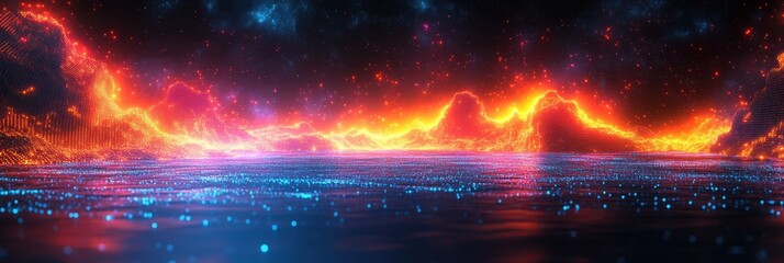 Graphic grid with vibrant neon lines creating a dynamic visual effect on a dark backdrop