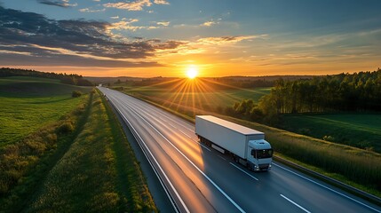 Truck on Highway at Sunset. Concept of Transportation, Logistics, and Delivery.