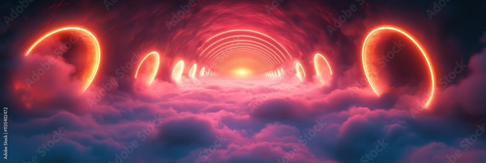 Poster neon circles create a mesmerizing digital illusion in a surreal atmosphere