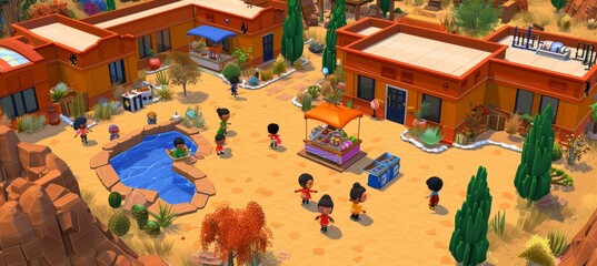 Obraz premium Digital Illustration of Community Gathering In Lively Desert Oases with People and Recreation