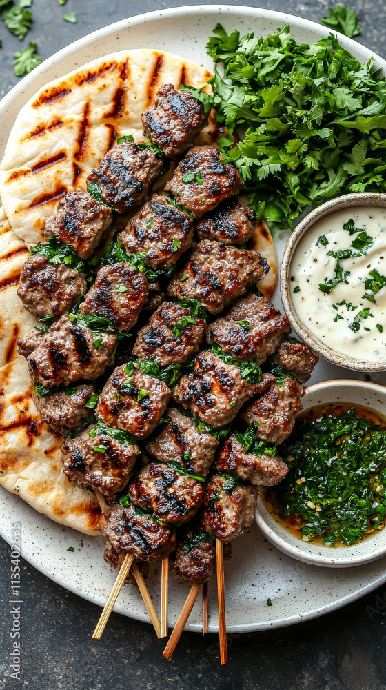 Poster plate of meat skewers with a side of sauce and a side of flatbread. the plate is set on a table