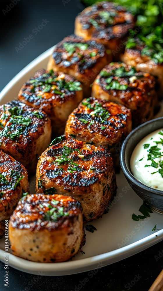 Poster plate of meat skewers with a side of sauce and a side of flatbread. the plate is set on a table