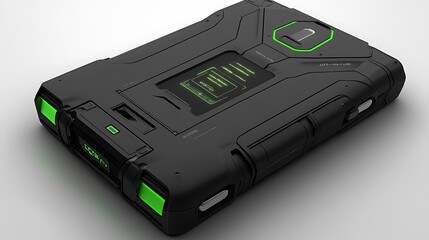 Obraz premium Futuristic black ruggedized handheld device with green accents.