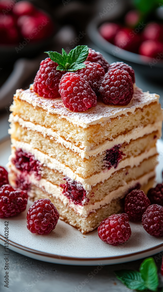 Poster slice of cake with raspberries on top. the cake is cut into layers and has a light frosting. the ras