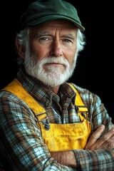 Fototapeta premium Friendly fisherman with white hair and beard poses confidently in yellow overalls