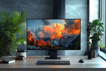 Fototapeta premium Elegant workspace featuring a modern monitor displaying a vibrant mountain landscape at sunset