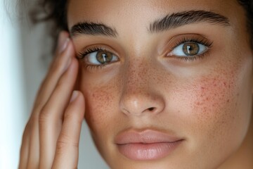 A beautiful model with freckles gently touching her face in soft light, conveying a sense of serenity and introspection in a serene atmosphere.