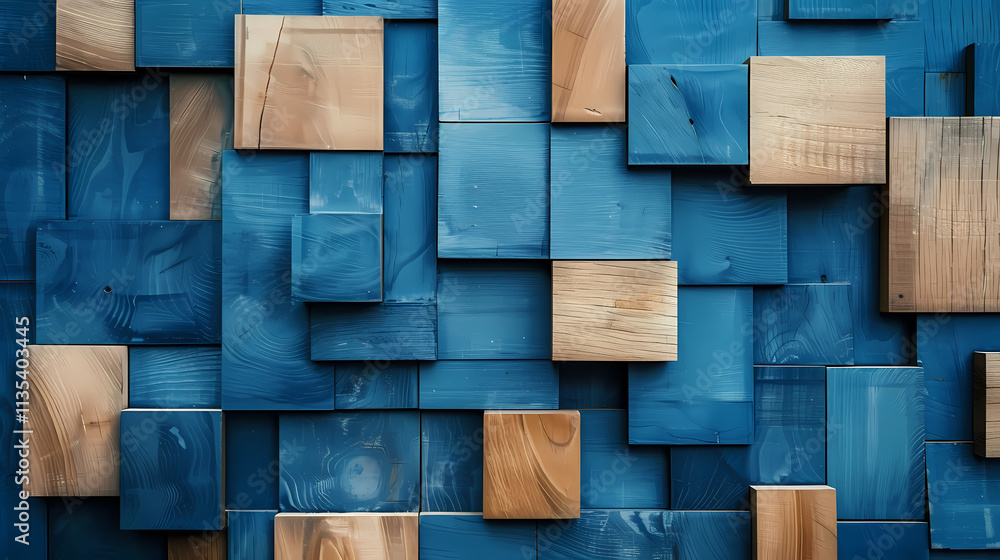Poster blue and brown wood blocks texture: an abstract arrangement of various sized blue and brown wooden b