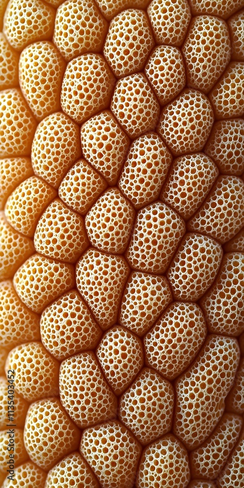 Poster A close-up view of a honeycomb structure, showcasing intricate hexagonal patterns in warm tones. The texture and shapes create a visually striking natural design.
