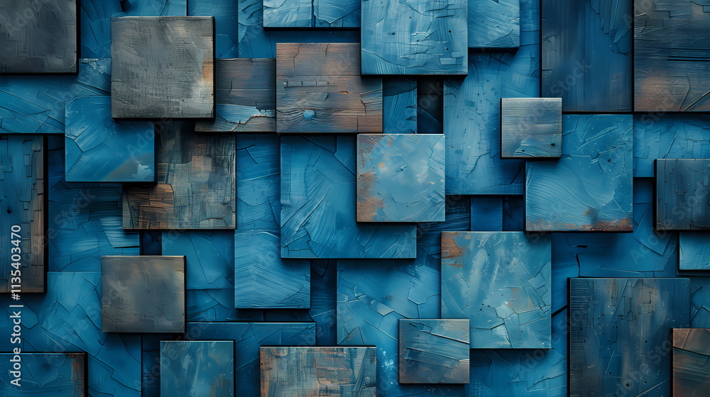 Poster abstract blue mosaic: an abstract mosaic of textured blue squares create a dynamic and modern patter