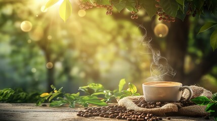 Cup of smoky coffee on a wooden table with fresh coffee beans and a coffee tree in the background