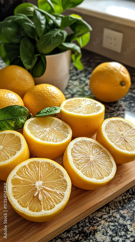 Poster plate of fruit with a lemon and lime on it. the plate is on a table with a red and white cloth
