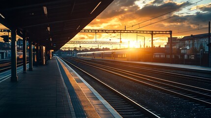 Train station platform at sunset. Concept of travel, transportation, and journey.