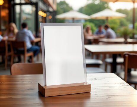 Blank menu frame on wooden table in outdoor cafe. White paper tent card holder. Blurred background shows people dining at cafe. Ideal for mockup template for displaying menu information. Mockup photo