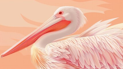 Obraz premium Elegant pelican bird in mid flight with its long graceful wings spread wide soaring effortlessly against a vibrant orange sky background