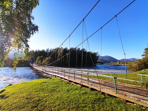 Wooden suspension bridge over the Bukhtarma River