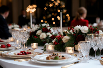 Fototapeta premium A beautifully arranged table featuring gourmet dishes, elegant glassware, and a backdrop of holiday decor creating a perfect festive dining atmosphere.