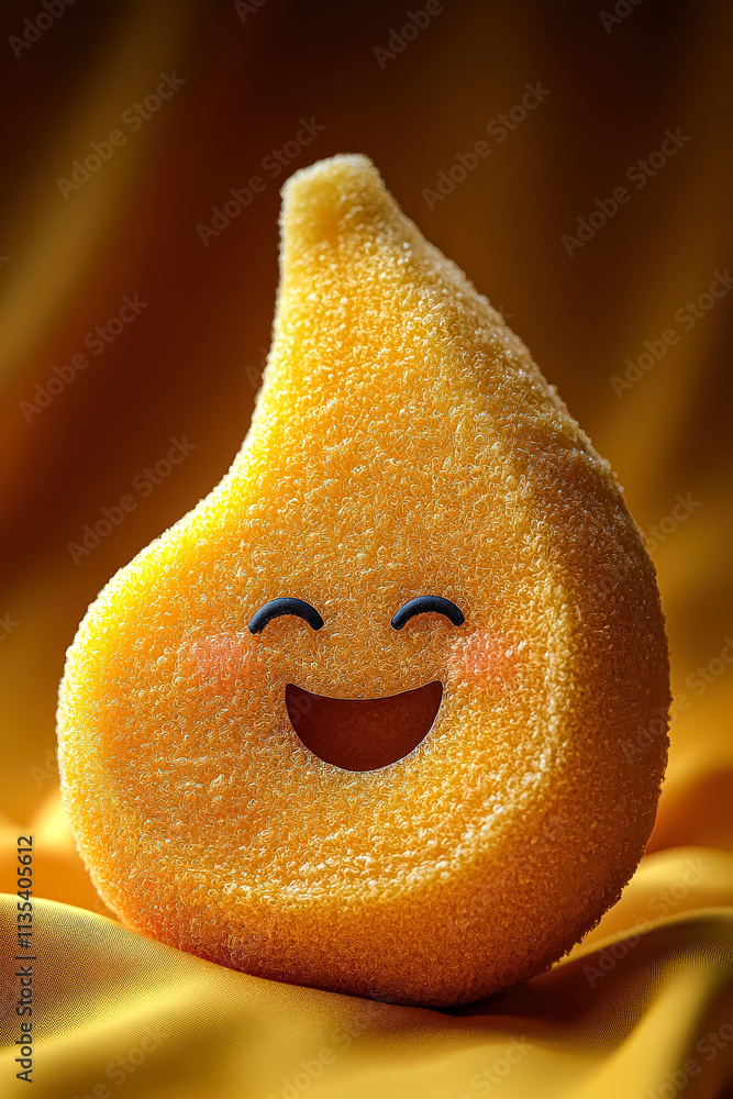 Poster yellow object with a smiling face on it. the object is shaped like a drop of water