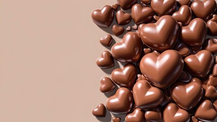 Fototapeta premium Beige Valentine's day 2026 background with volumetric brown chocolate hearts, with space for text, mocha mousse style