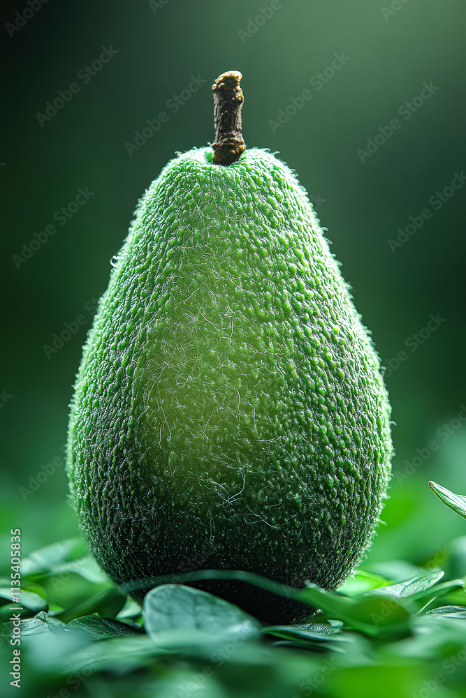 Aufkleber green pear with fuzzy texture sits on table. pear is main focus of image, and its fuzzy texture give