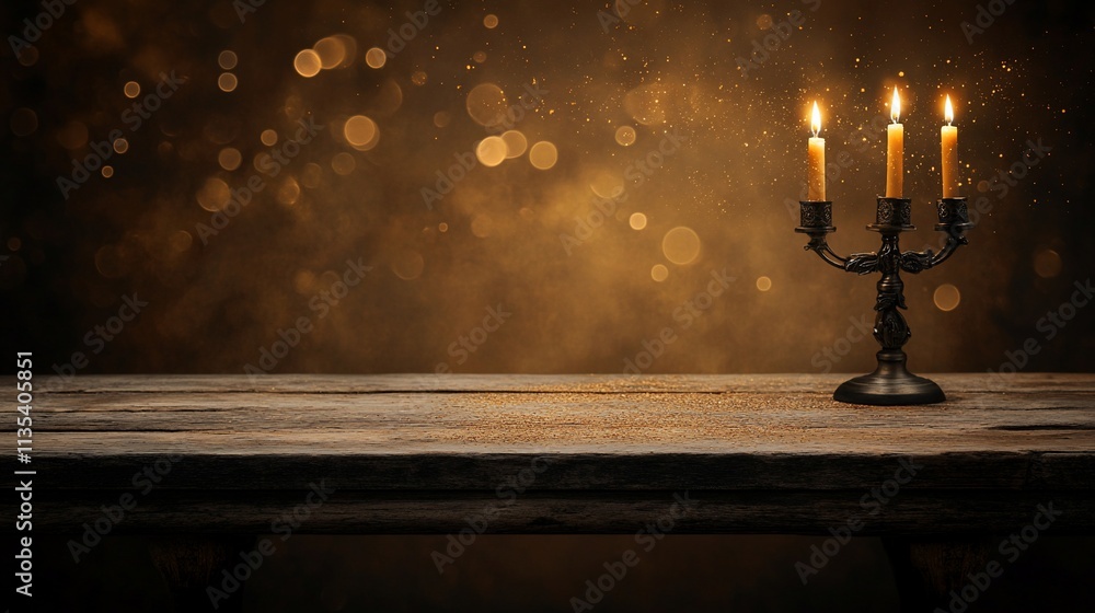 Aufkleber lit candles on rustic wooden table with bokeh background.