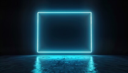 Neon blue rectangle frame glows on dark background. Futuristic retro style. Empty space for text design. Reflection effect. Modern design template for poster game interface. Great for nightclub tech