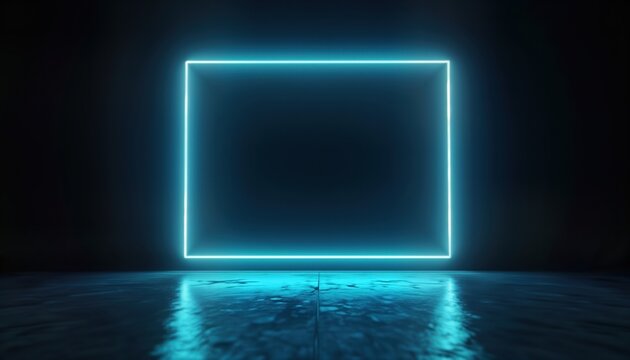 Neon blue rectangle frame glows on dark background. Futuristic retro style. Empty space for text design. Reflection effect. Modern design template for poster game interface. Great for nightclub tech