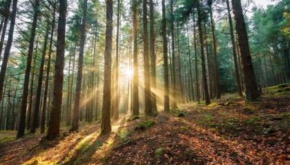 Obraz premium Golden Sun Rays Breaking Through Dense Pine Forest on a Crisp Autumn Morning