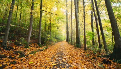 Obraz premium Autumn Forest Path Covered in Golden Leaves Under the Glow of Soft Morning Light
