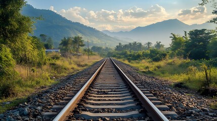 Fototapeta premium Train tracks disappearing into the mountains. Concept of journey, adventure, and travel.
