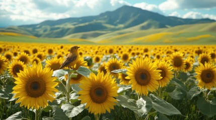 Fototapeta premium A small, yellow bird perched on a sunflower in a vast sunflower field, with rolling hills and mountains in the background.