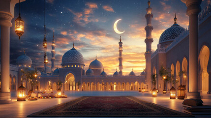 A serene mosque courtyard at sunset, featuring domes, minarets, and lanterns.