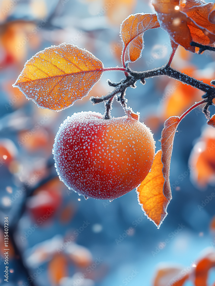 Poster snow covered apple hanging from a tree branch. the apple is surrounded by snow and the branch is cov