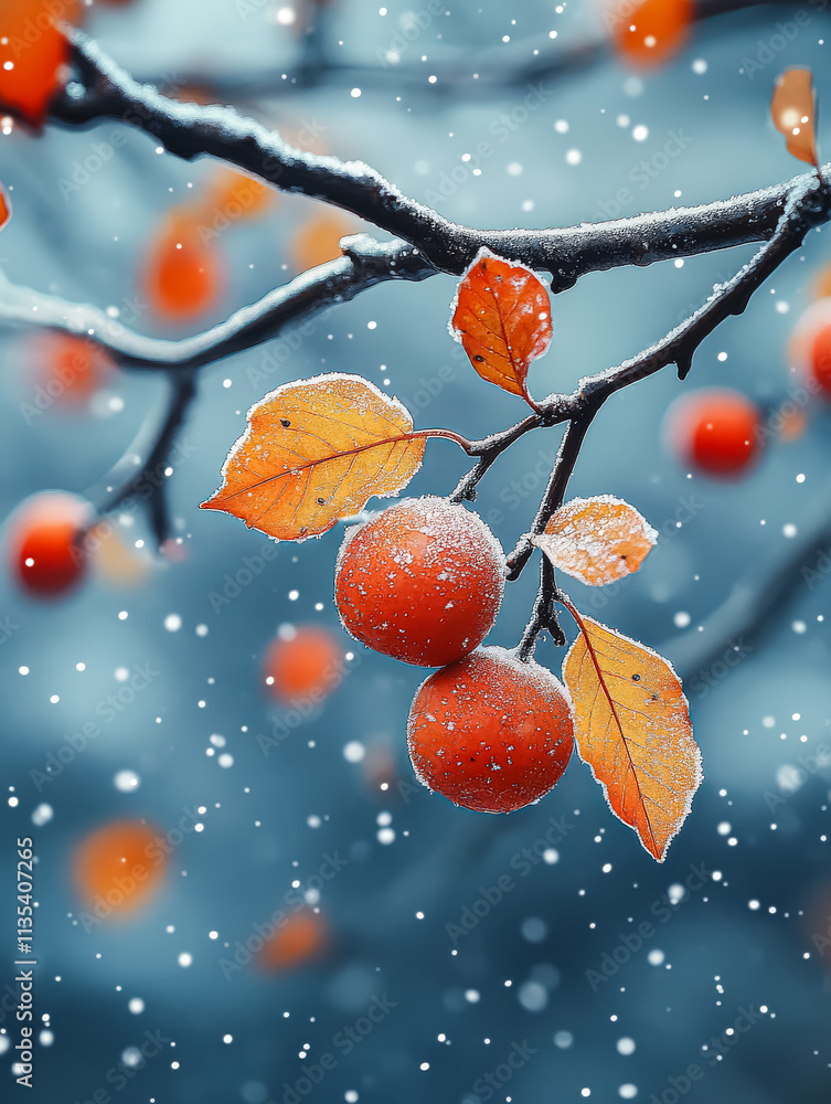 Poster snow covered apple hanging from a tree branch. the apple is surrounded by snow and the branch is cov