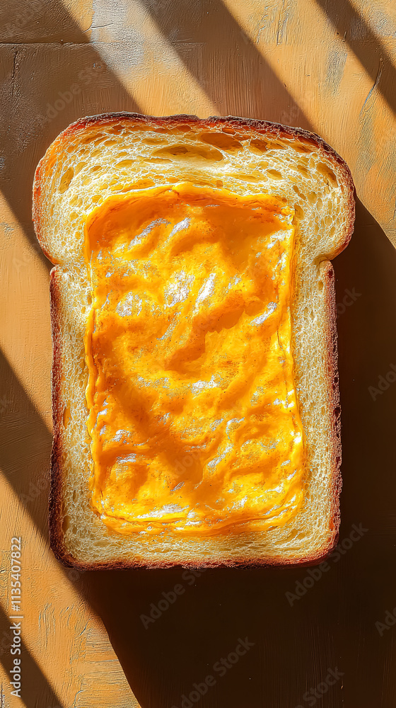 Poster slice of bread with a yellow spread on it is shown. the image has a warm and inviting mood, as the y
