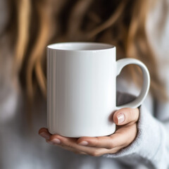 A close-up of a white ceramic mug held by a hand, with soft focus on a cozy background. Perfect for themes of coffee, tea, warmth, and relaxation.